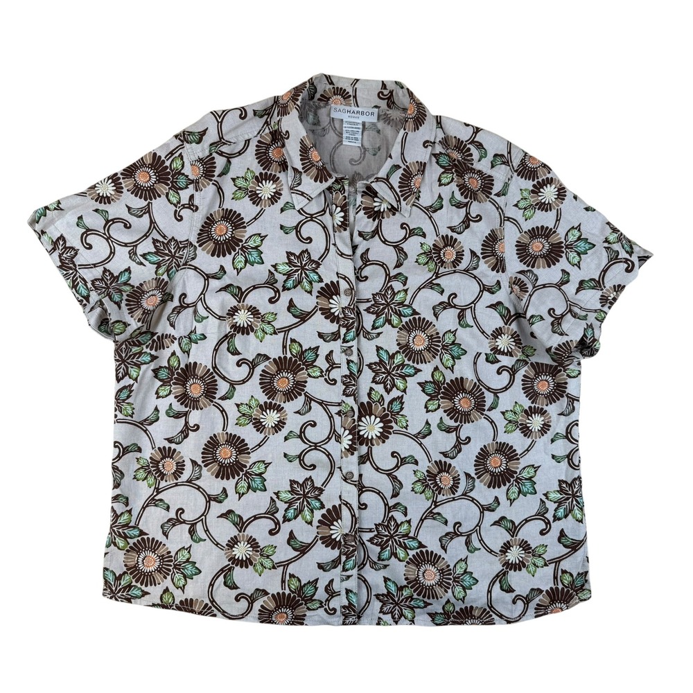 Cottagecore Floral Top Linen Blend Button Front 1X Sag Harbor